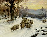 A Shepherd and his Flock on a Path in Winter